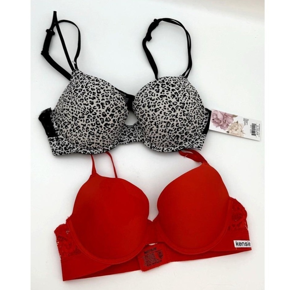 Kensie 34B Bra Set 2-Pack‎ Red & Leopard Print Push Up Lace Trim New